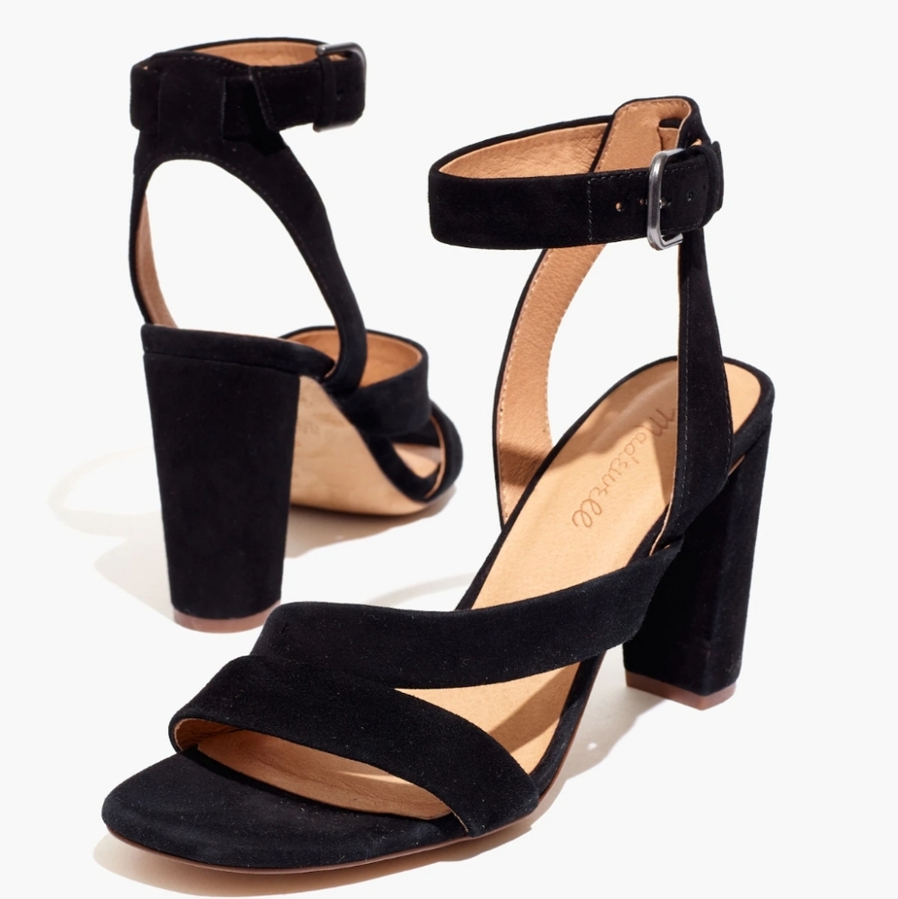 Madewell The Liv Suede  Black Strappy Block Heel Sandals‎ 7